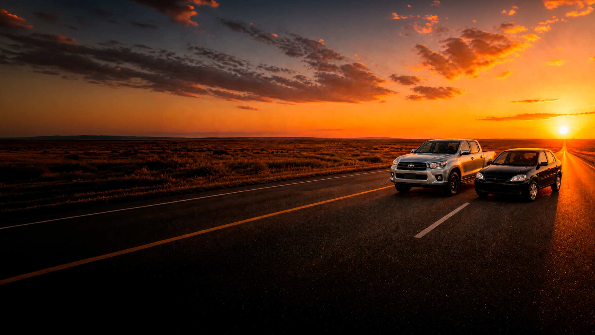 Hilux e sedã em rodovia ao pôr do sol