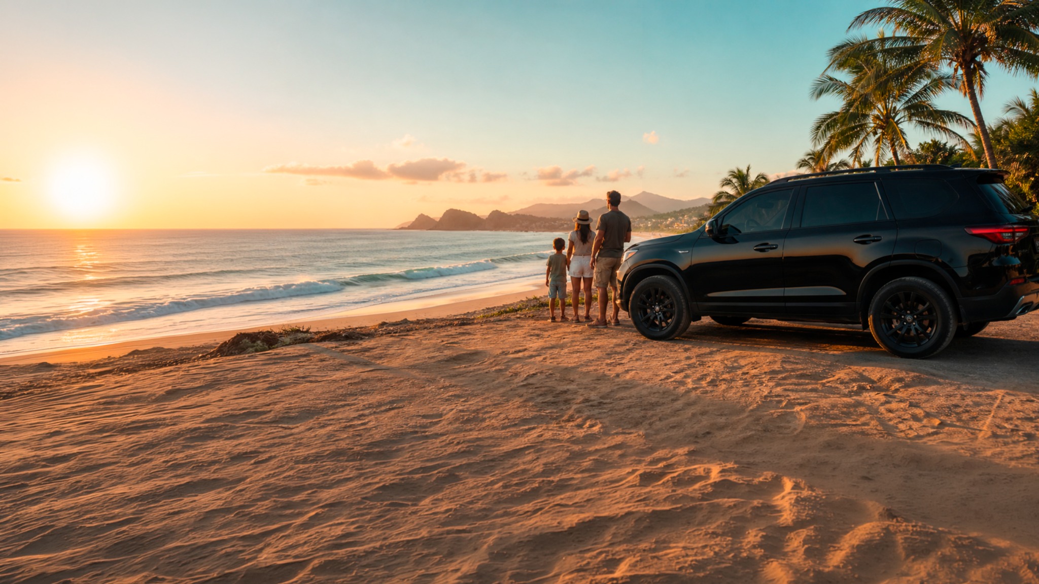 Família em frente a uma SUV preta observando a praia ao pôr do sol