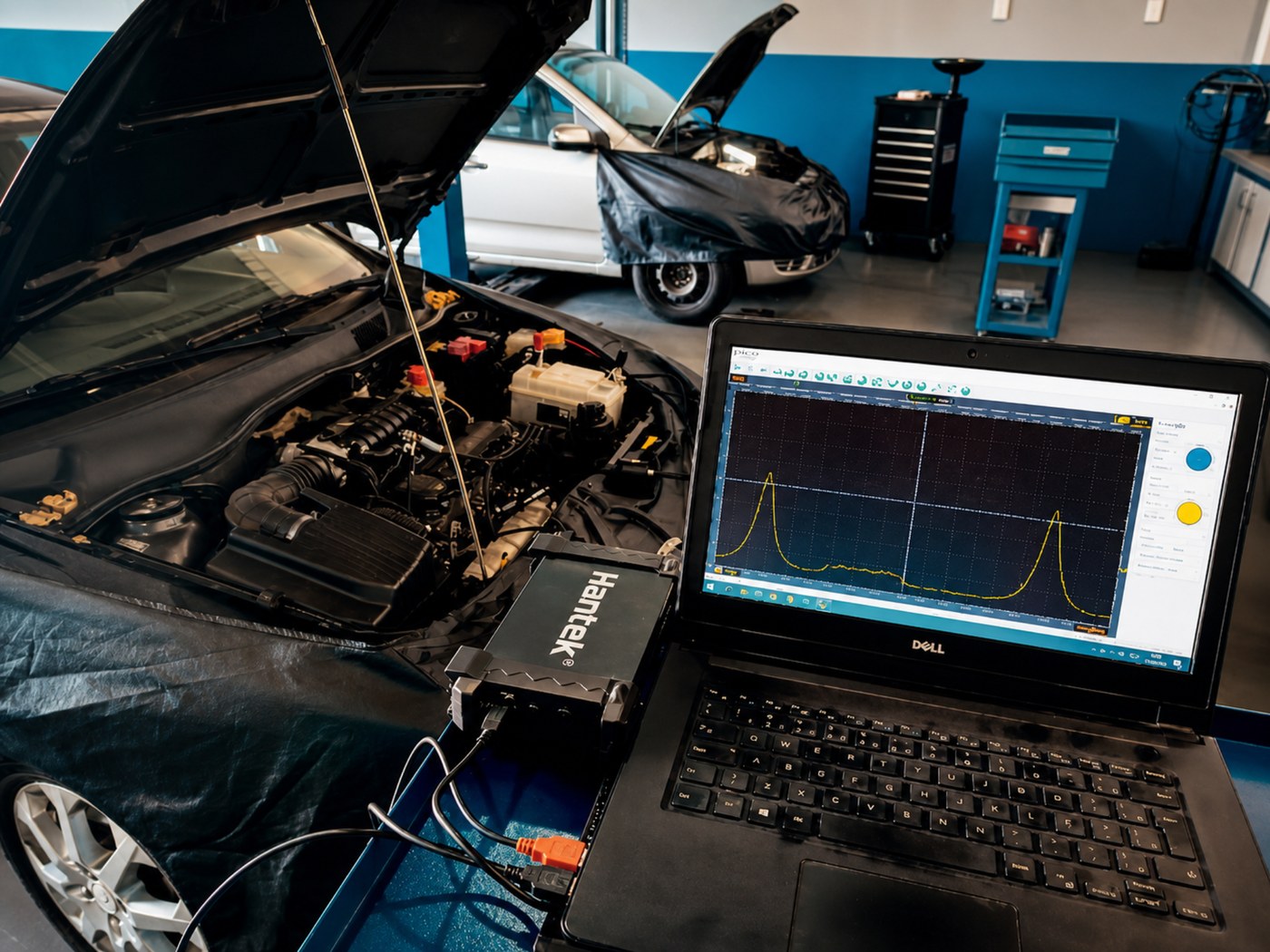 Diagnóstico automotivo com notebook e equipamento eletrônico na Rota Certa